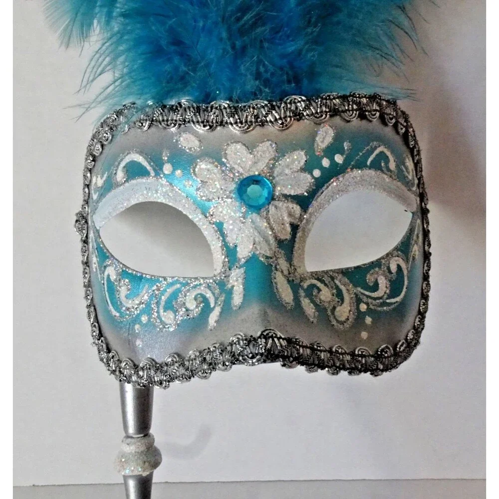 Beautiful Venetian Hand Painted Mask Venice Feathers Blue Masquerade with Handle